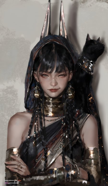 古风神秘少女黑猫相伴金属装饰暗金奇幻手机壁纸