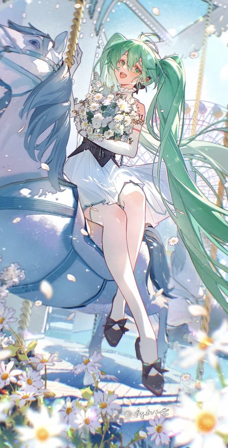 初音未来绿发双马尾持雏菊坐旋转木马蓝白梦幻动漫手机壁纸