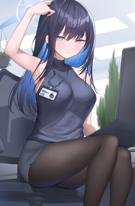 黑长直蓝挑染少女办公室坐姿蓝灰动漫手机壁纸