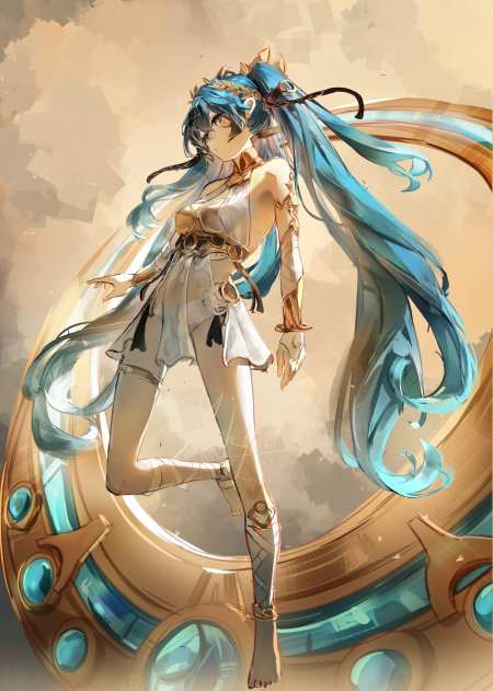 初音未来蓝发金饰古风少女姿态优雅暖金动漫手机壁纸