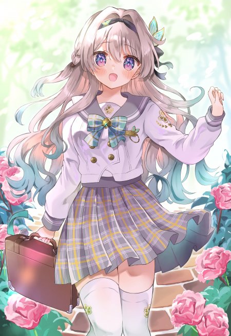 动漫少女银发紫瞳水手服持箱花园粉紫唯美动漫手机壁纸