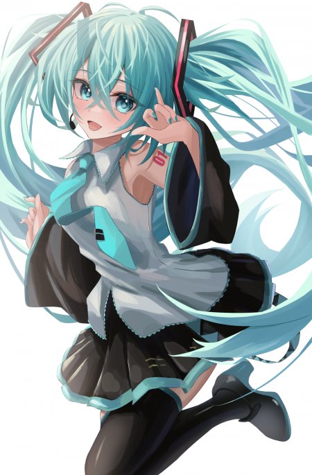 初音未来蓝发双马尾比心姿态青白配色动漫手机壁纸