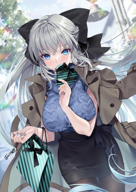 银发蓝瞳少女手持礼盒黑蝴蝶结动漫手机壁纸