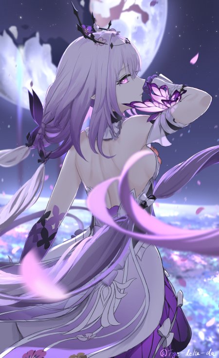 紫发少女月夜回眸唯美花卉二次元手机壁纸
