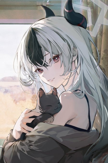 银发红瞳少女抱黑猫恶魔角动漫手机壁纸