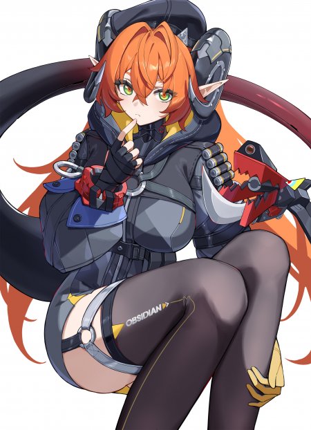 绝区零嘉音橙发绿眼精灵耳少女黑灰战衣持械坐姿动漫手机壁纸