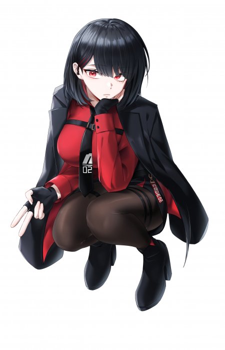 黑发红眼制服少女蹲姿红衬衫黑外套动漫插画手机壁纸