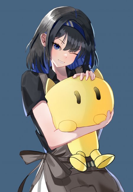 蔚蓝眼眸黑发少女怀抱黄色玩偶暖调动漫手机壁纸