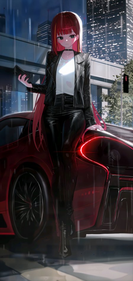 红发少女黑皮衣坐红色跑车雨夜都市汽车手机壁纸