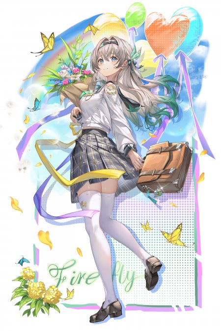 银发蓝眼少女手持花束与书包彩虹蝴蝶环绕粉紫梦幻动漫手机壁纸