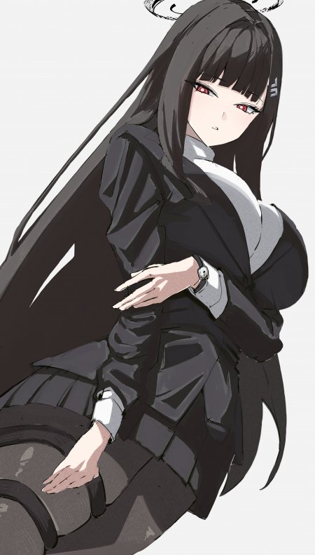 黑长直红瞳少女黑灰制服坐姿暗调动漫手机壁纸