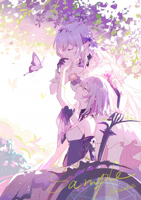 紫发精灵少女花丛中相依粉紫梦幻动漫手机壁纸