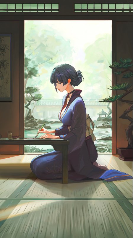 古风少女跪坐书案执笔青绿庭院背景蓝紫和服动漫手机壁纸