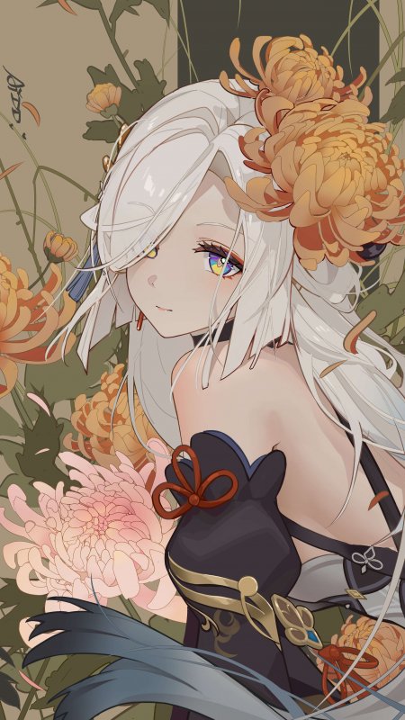 白发异色瞳少女菊花背景古风动漫手机壁纸