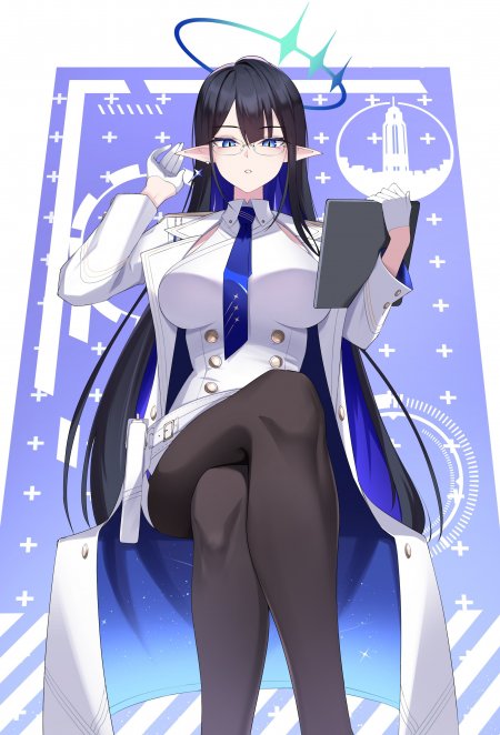 蔚蓝档案长发眼镜精灵耳少女白蓝制服坐姿紫蓝科技风动漫手机壁纸
