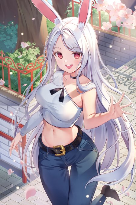 银发兔耳少女樱花庭院微笑挥手粉紫动漫手机壁纸