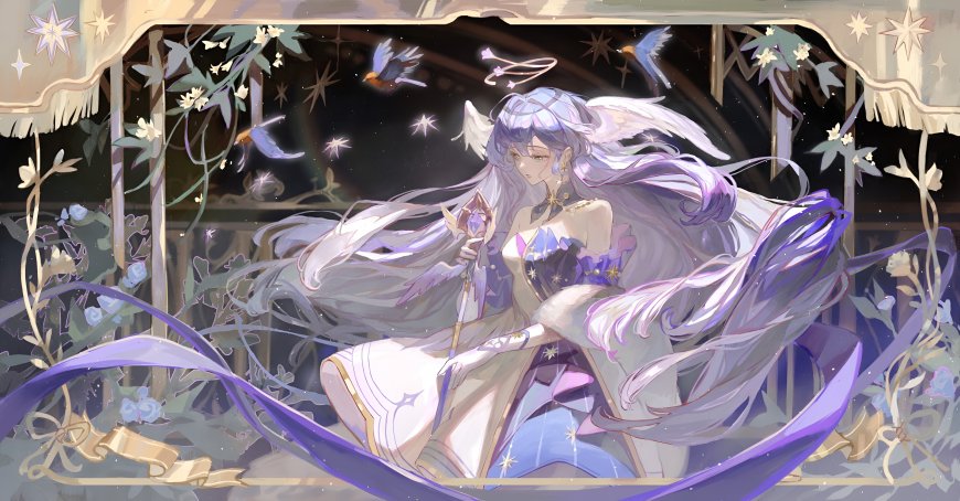 崩坏星穹铁道知更鸟紫发天使少女持杖坐姿星夜花藤环绕粉紫梦幻动漫电脑壁纸