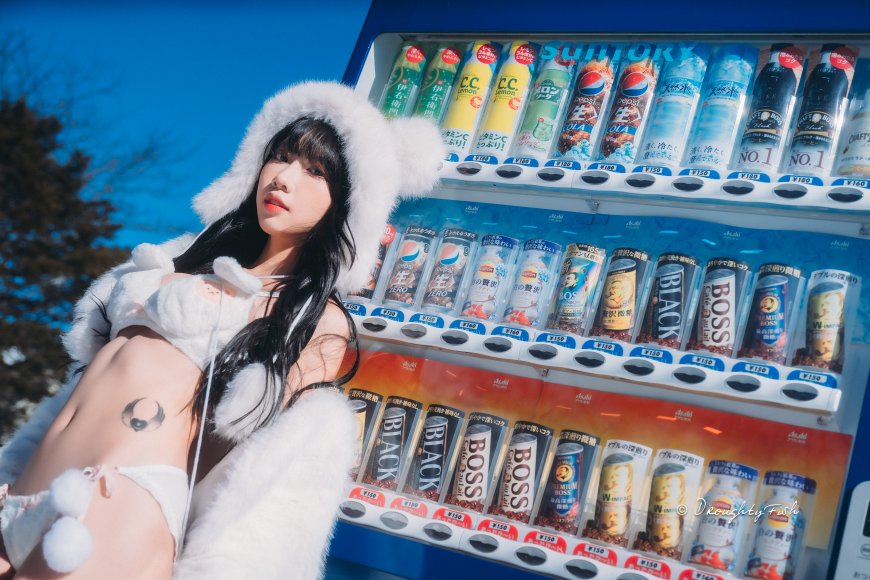 美女穿白色毛绒连帽装倚靠饮料贩卖机蓝白清新人物摄影电脑壁纸