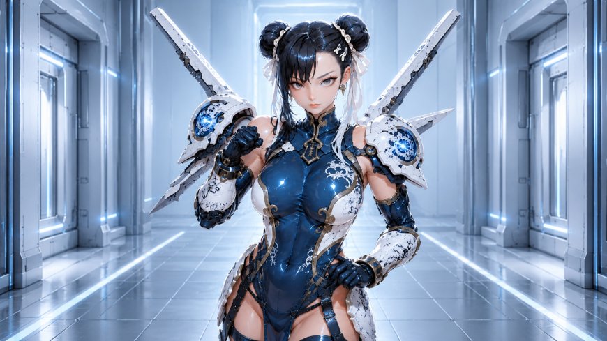赛博朋克风格双刀少女蓝白科幻动漫电脑壁纸