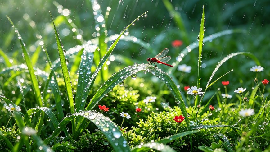雨中红蜻蜓停驻草叶晶莹水珠绿意盎然自然风景电脑壁纸