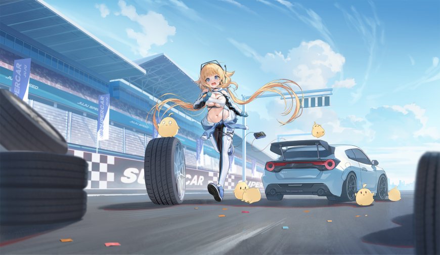 赛车少女金发飘扬跃动蓝白赛道动漫电脑壁纸
