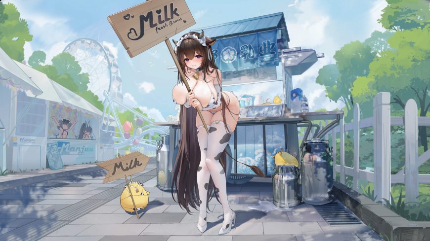 动漫角色牛奶摊少女牛角奶牛装蓝绿清新动漫电脑壁纸