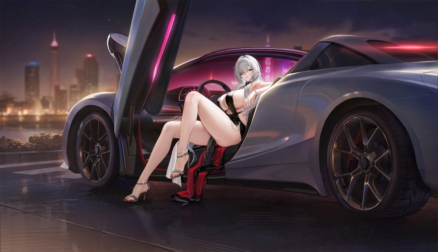 银发少女倚靠超跑车门霓虹夜景动漫电脑壁纸