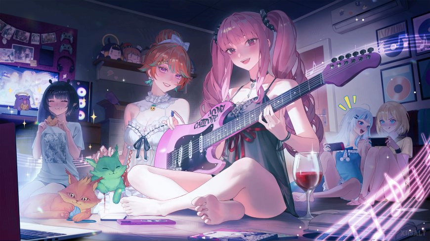 动漫少女粉发吉他手与朋友室内音乐派对粉紫梦幻动漫电脑壁纸