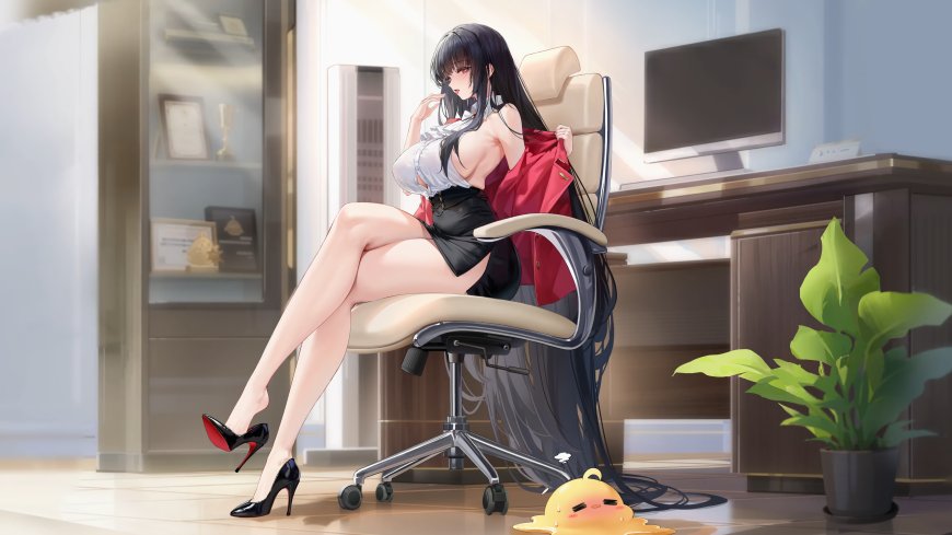 黑长直少女办公室椅上慵懒倚坐红黑配色动漫电脑壁纸