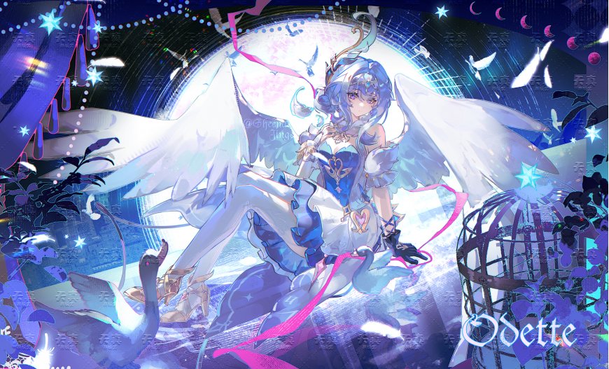 奥德赛蓝发天使少女展翼坐姿梦幻紫蓝动漫电脑壁纸