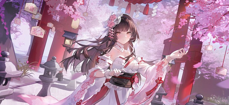 樱花神社少女和风白裙粉樱动漫电脑壁纸
