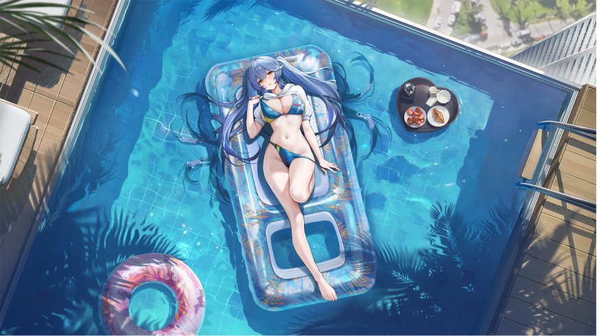蓝发少女泳池浮床休憩蓝白清新动漫电脑壁纸