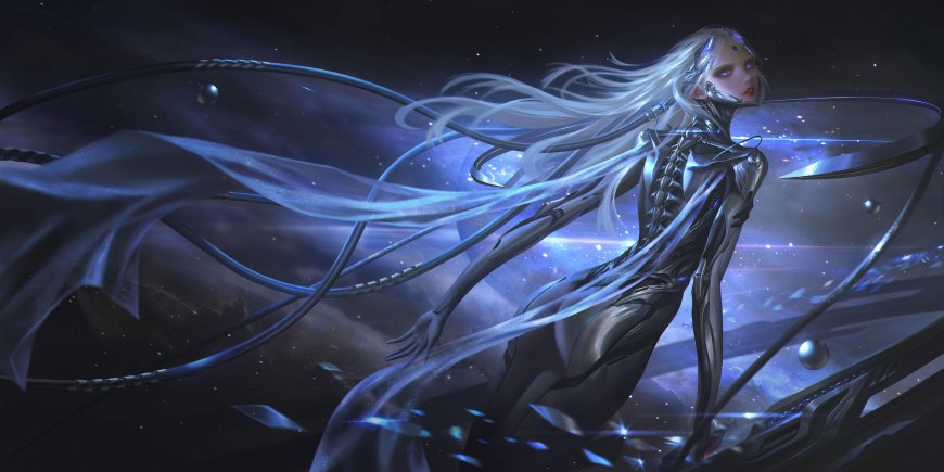 银发机械少女星尘环绕蓝紫科幻电脑壁纸