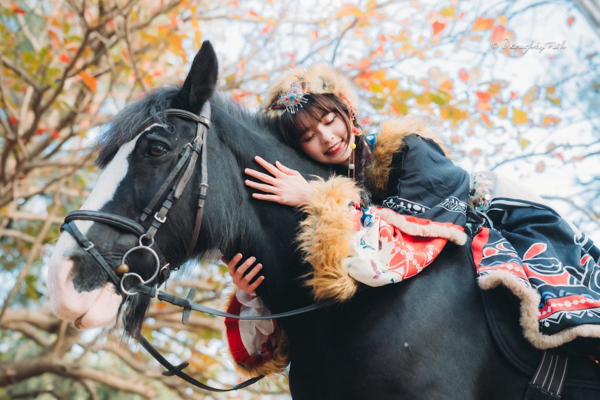 美女身着民族风服饰拥抱黑马秋叶背景美女电脑壁纸