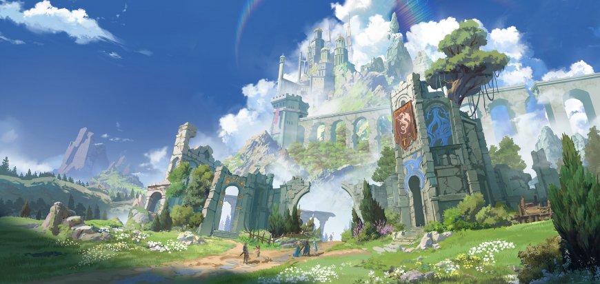 奇幻城堡悬浮山巅绿野花径蓝白风景电脑壁纸