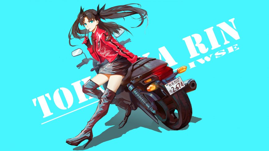 远坂凛红衣黑裙骑摩托青蓝背景动漫电脑壁纸
