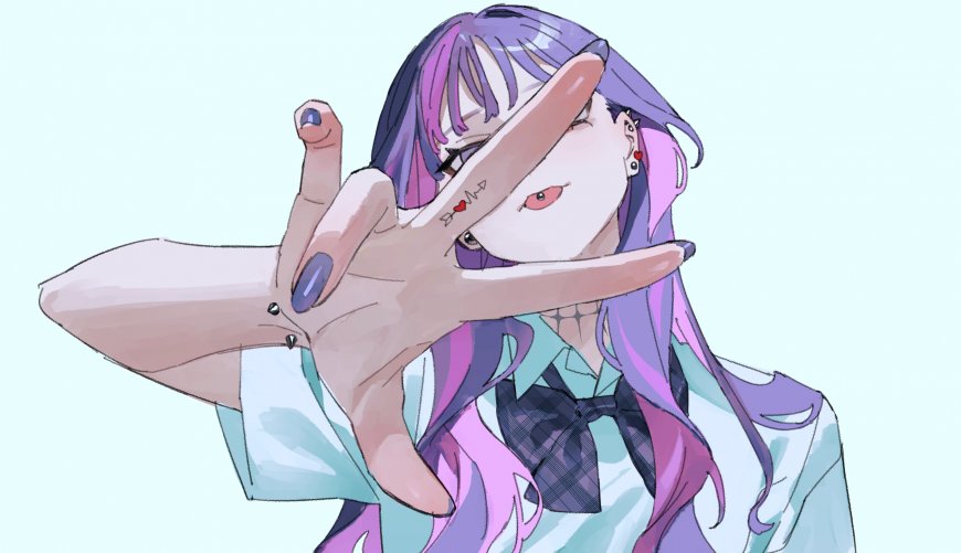 紫发少女手遮半脸红瞳微眯粉紫动漫电脑壁纸