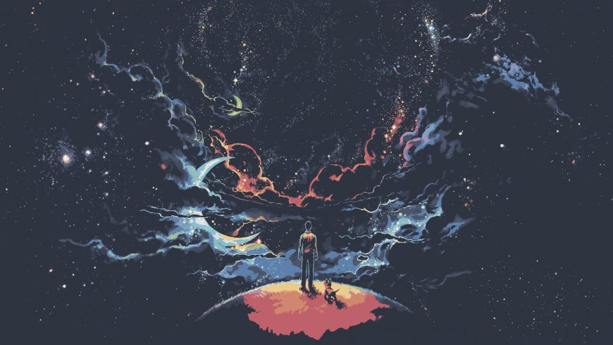 星空下男子与小狗伫立小岛仰望星云漩涡暗蓝紫插画电脑壁纸