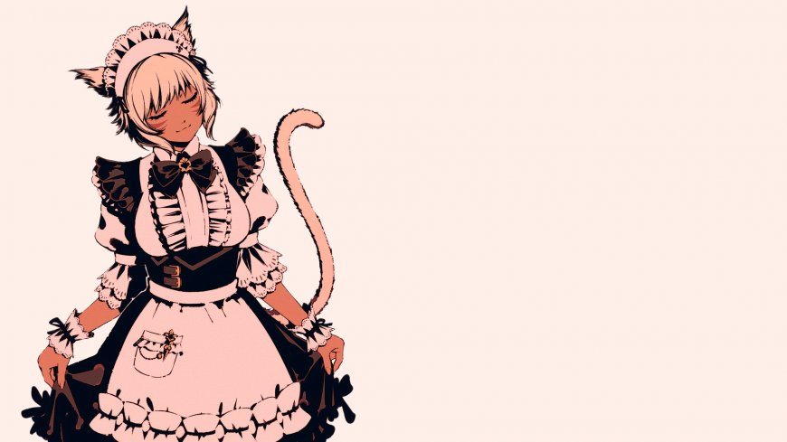 猫耳女仆装少女闭眼微笑粉白动漫电脑壁纸