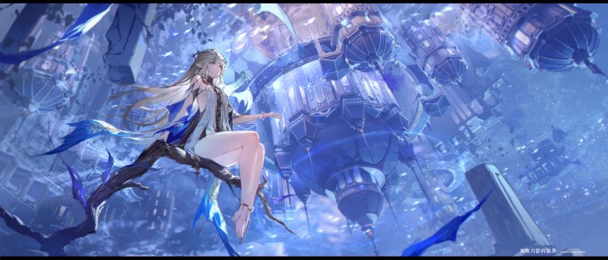 风吟月影的独步银发少女坐枝悬浮蓝紫幻想场景动漫电脑壁纸