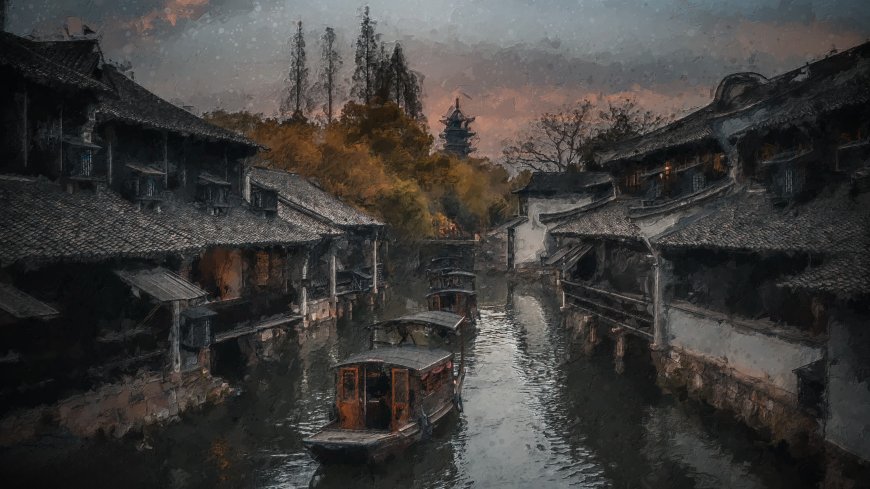江南水乡古镇小桥流水乌篷船暮色创意绘画电脑壁纸