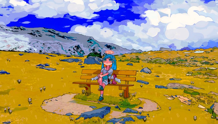 蓝发少女坐木椅雪山草原动漫电脑壁纸