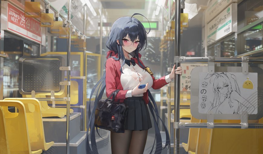 动漫角色蓝发红瞳少女公交站台手持手机黑包校服风粉灰动漫电脑壁纸