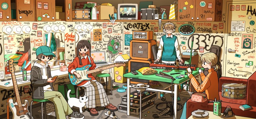 动漫乐队排练室涂鸦墙少女少年弹奏电吉他键盘蓝绿暖调动漫电脑壁纸