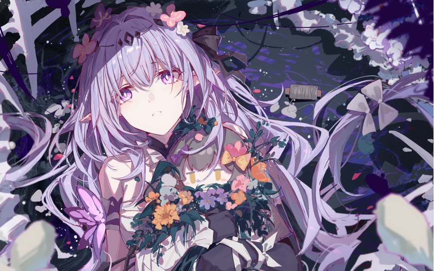 紫发精灵少女手持花束暗紫梦幻动漫电脑壁纸