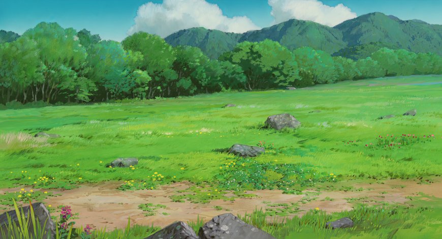 绿野山林繁花点缀青翠风景插画电脑壁纸