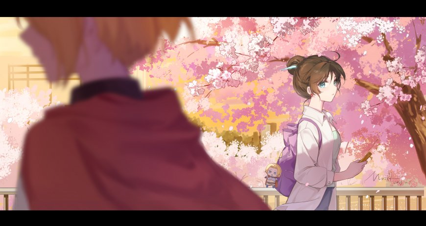 樱花树下蓝眼少女白衬衫紫背包粉紫唯美动漫电脑壁纸