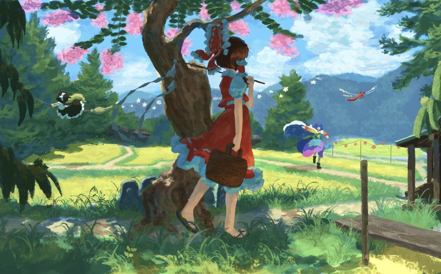 少女红裙蓝边手持竹笛树下伫立粉樱绿野田园风光动漫电脑壁纸