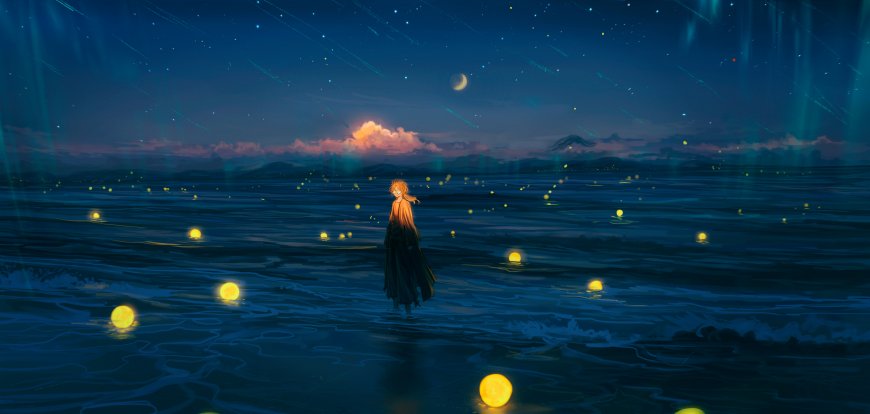 星空海面少女伫立萤光点点蓝紫梦幻动漫电脑壁纸