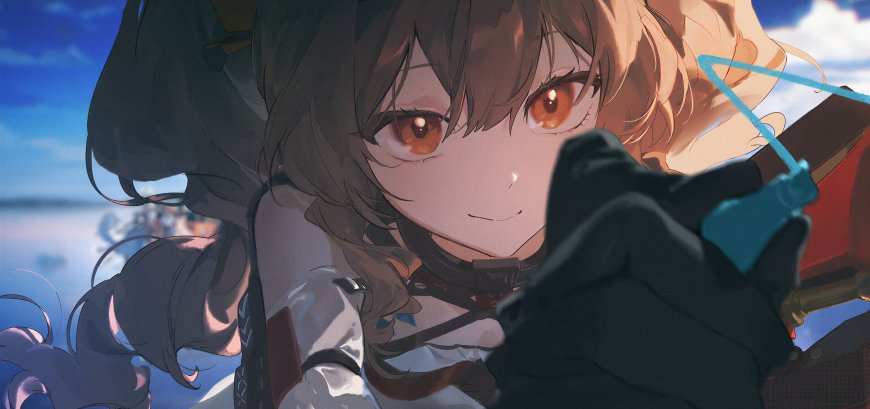 鸣潮少女棕发橙瞳持弓微笑蓝白动漫电脑壁纸